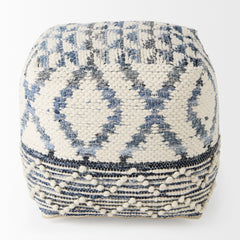 Eshana Cream Wool and Denim Patterned Pouf - Ornate Home