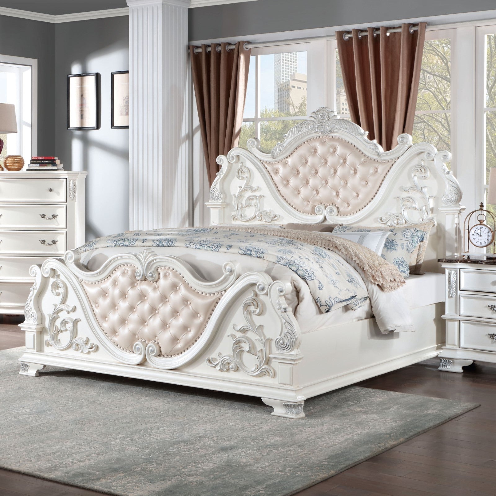 Esparanza Pearl White 5 Pc. Queen Bedroom Set w/ 2NS - Ornate Home