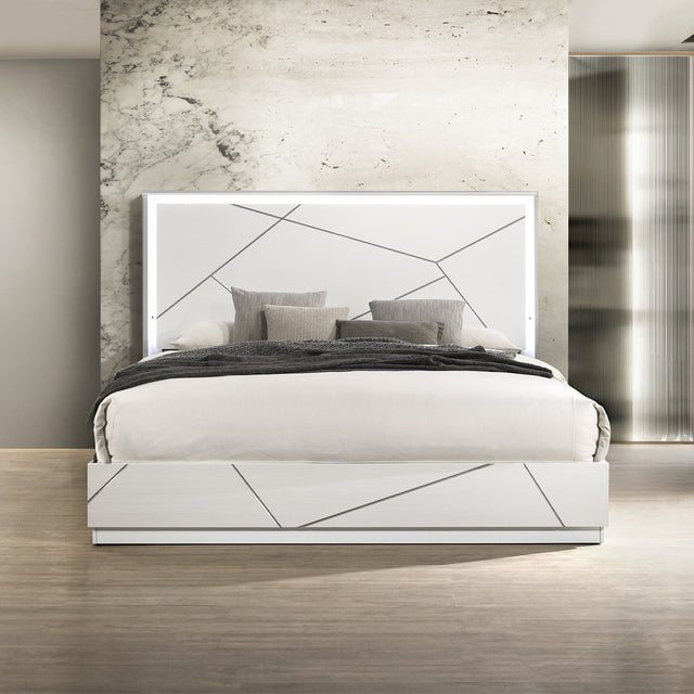 Esther White/Silver Eastern King Bed w/LED - Ornate Home