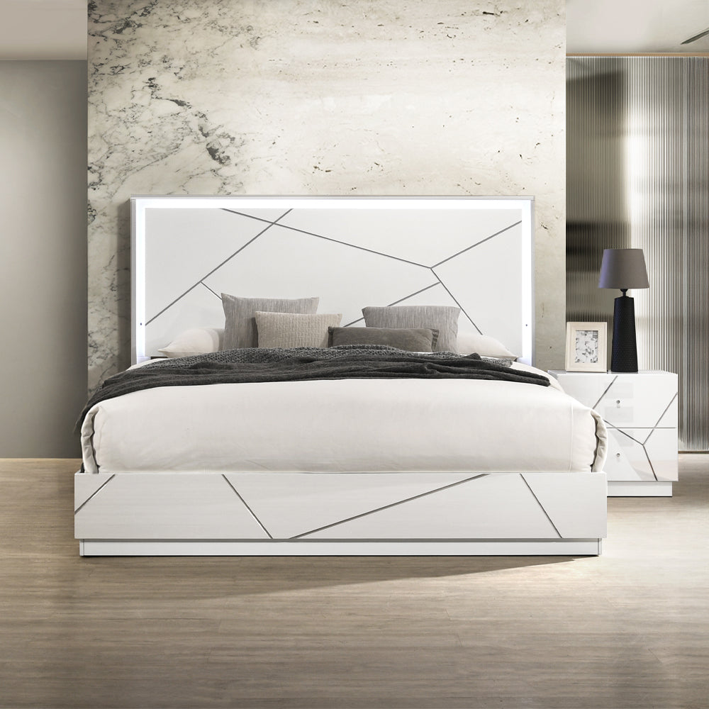 Esther White/Silver Eastern King Bed w/LED - Ornate Home