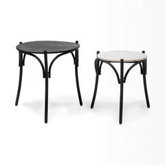 Etienne Black 24" Round Top Wood and Marble Top Nesting Table (Set of 2)