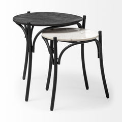 Etienne Black 24" Round Top Wood and Marble Top Nesting Table (Set of 2)