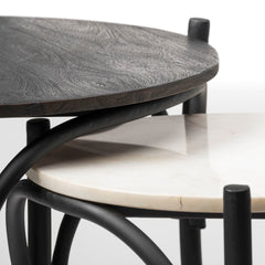 Etienne Black 24" Round Top Wood and Marble Top Nesting Table (Set of 2)