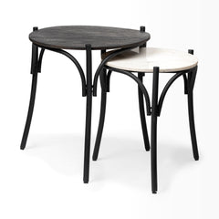 Etienne Black 24" Round Top Wood and Marble Top Nesting Table (Set of 2)