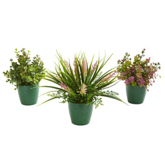 Eucalyptus, Grass and Sedum Artificial Plant in Green Planter (Set of 3) - Ornate Home