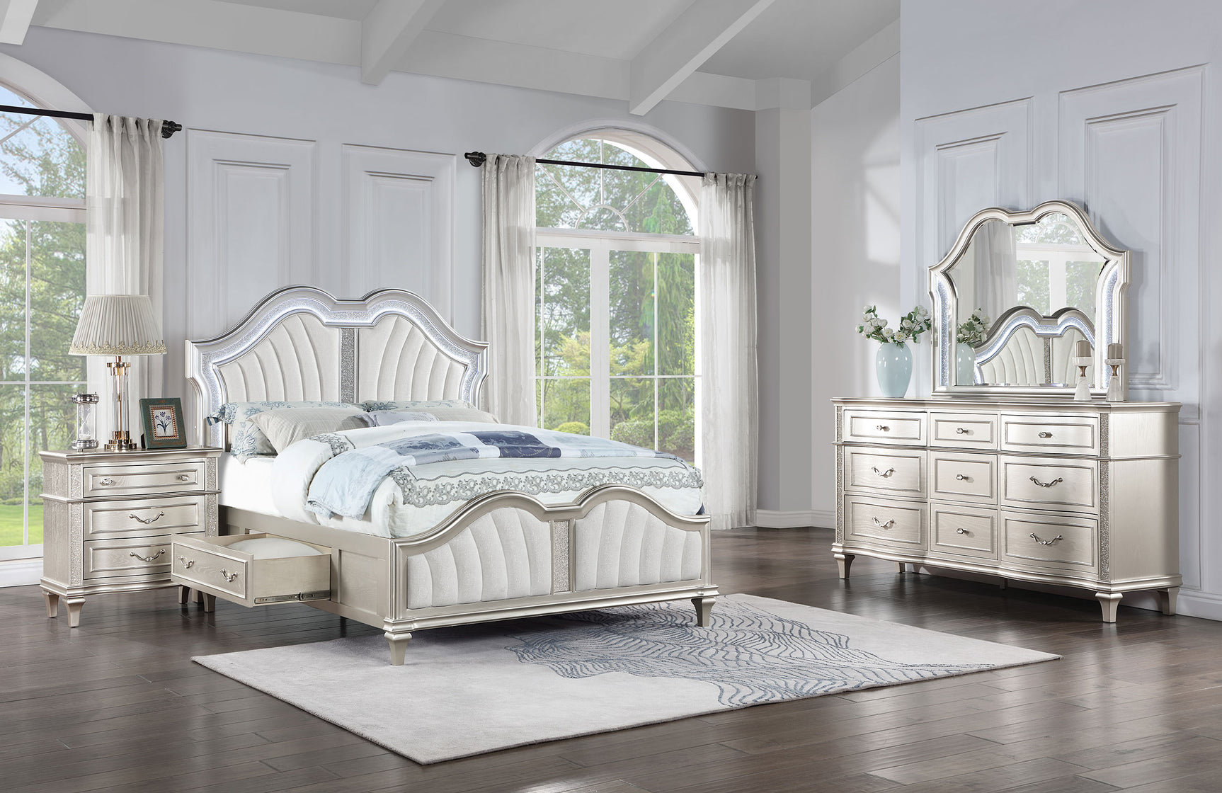 Evangeline Silver Oak 4-piece Eastern King Bedroom Set with Storage Bed - Ornate Home