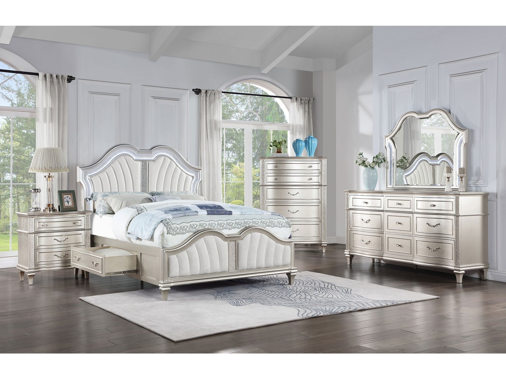 Evangeline Silver Oak  5-piece Eastern King Bedroom Set with Storage Bed - Ornate Home