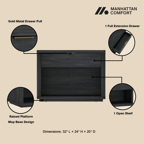 Evelyn 32" Nightstand 2.0 in Charcoal Grey - Ornate Home