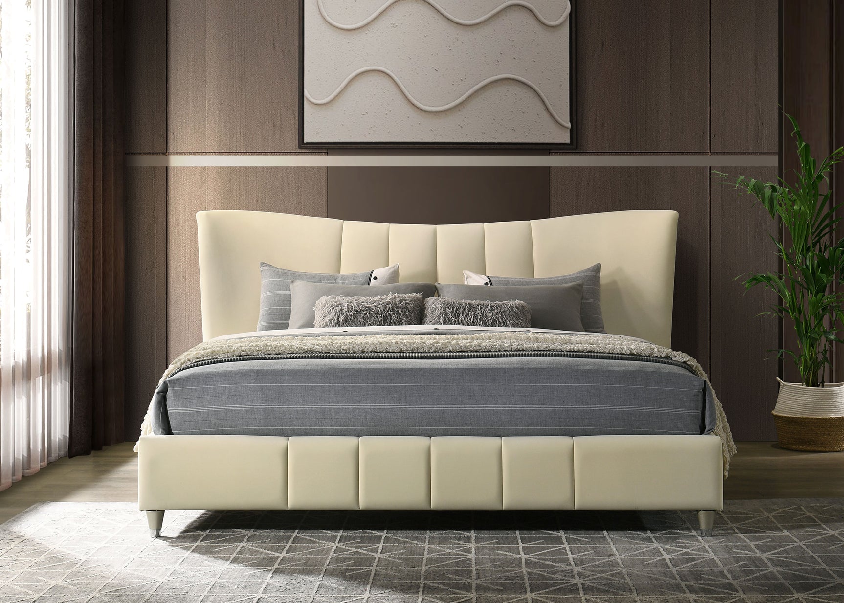 Evelyn Ivory Upholstered Eastern King Panel Platform Bed - Ornate Home