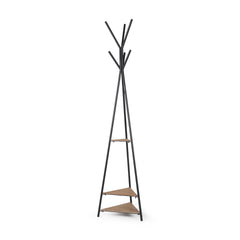 Everett Matte Black Metal with Two Wood Shelves Coat Rack
