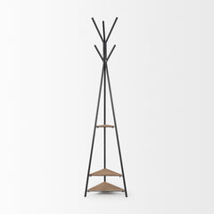 Everett Matte Black Metal with Two Wood Shelves Coat Rack