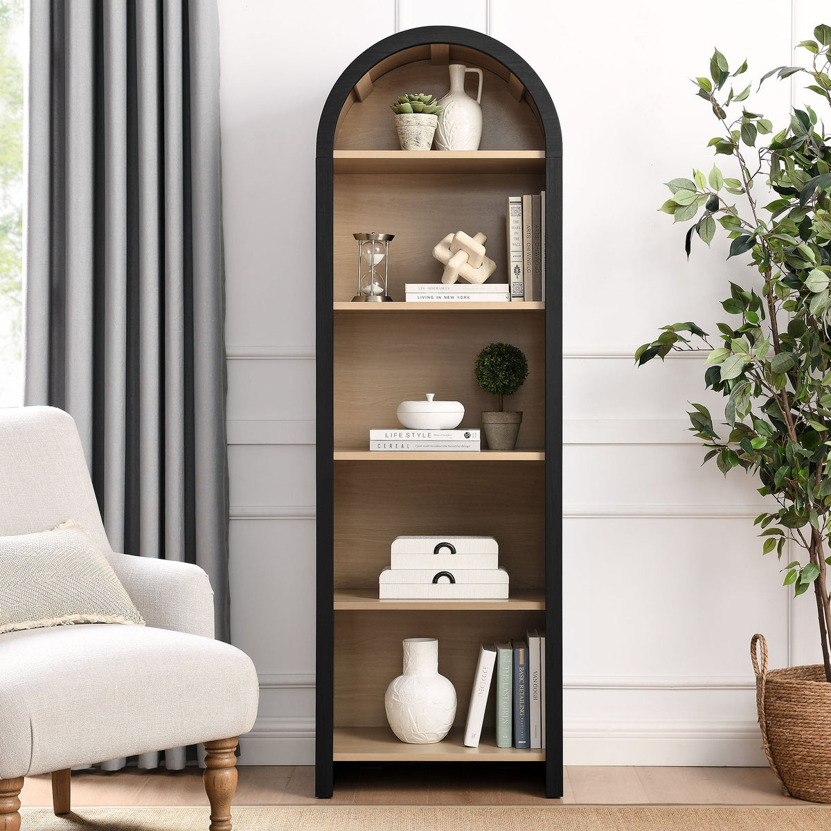 Evie Black Arched Narrow Bookcase Display Cabinet - Ornate Home