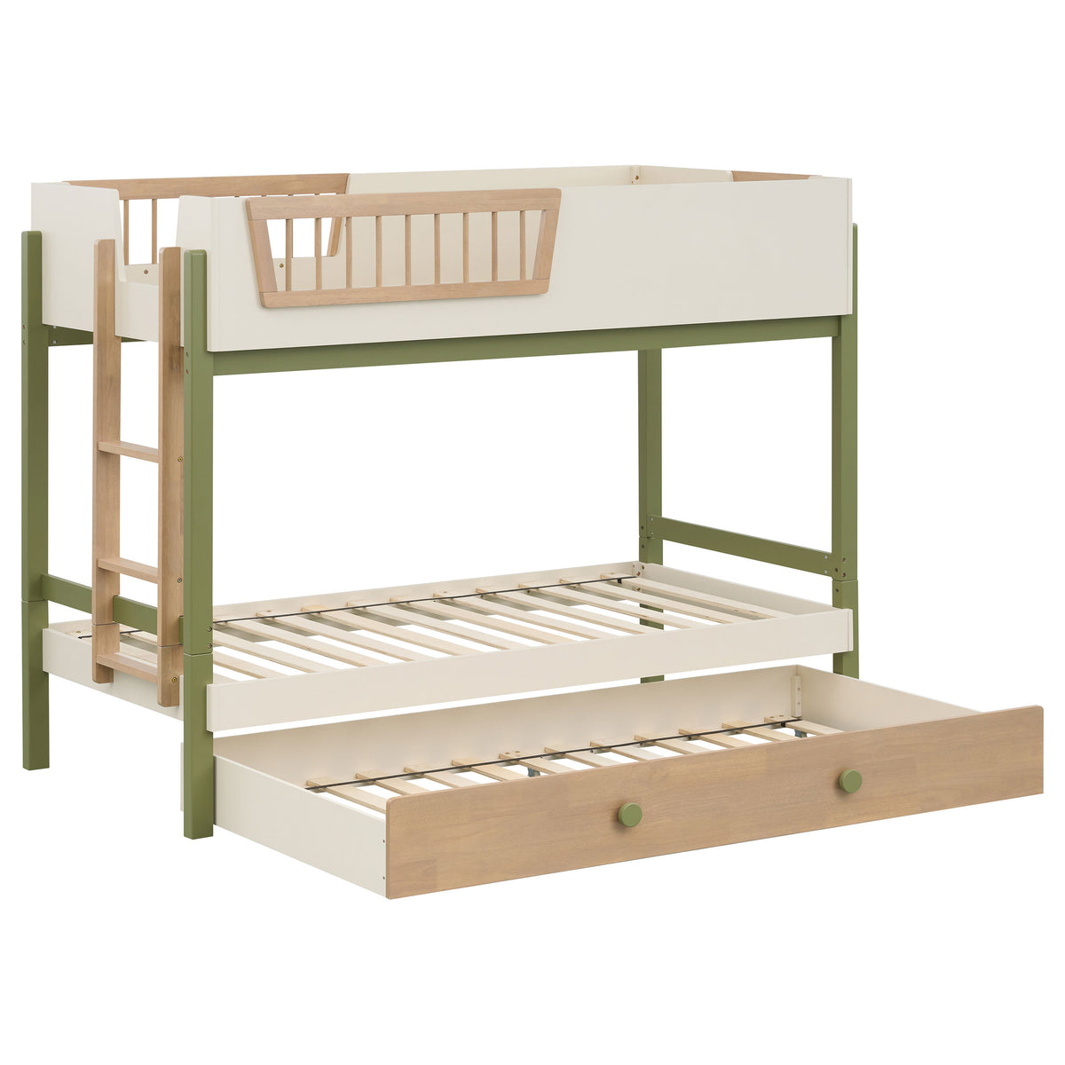 Evren Off White / Natural / Olive Twin-over-twin Bunk Bed With Trundle And Ladder Tri-tone - Ornate Home