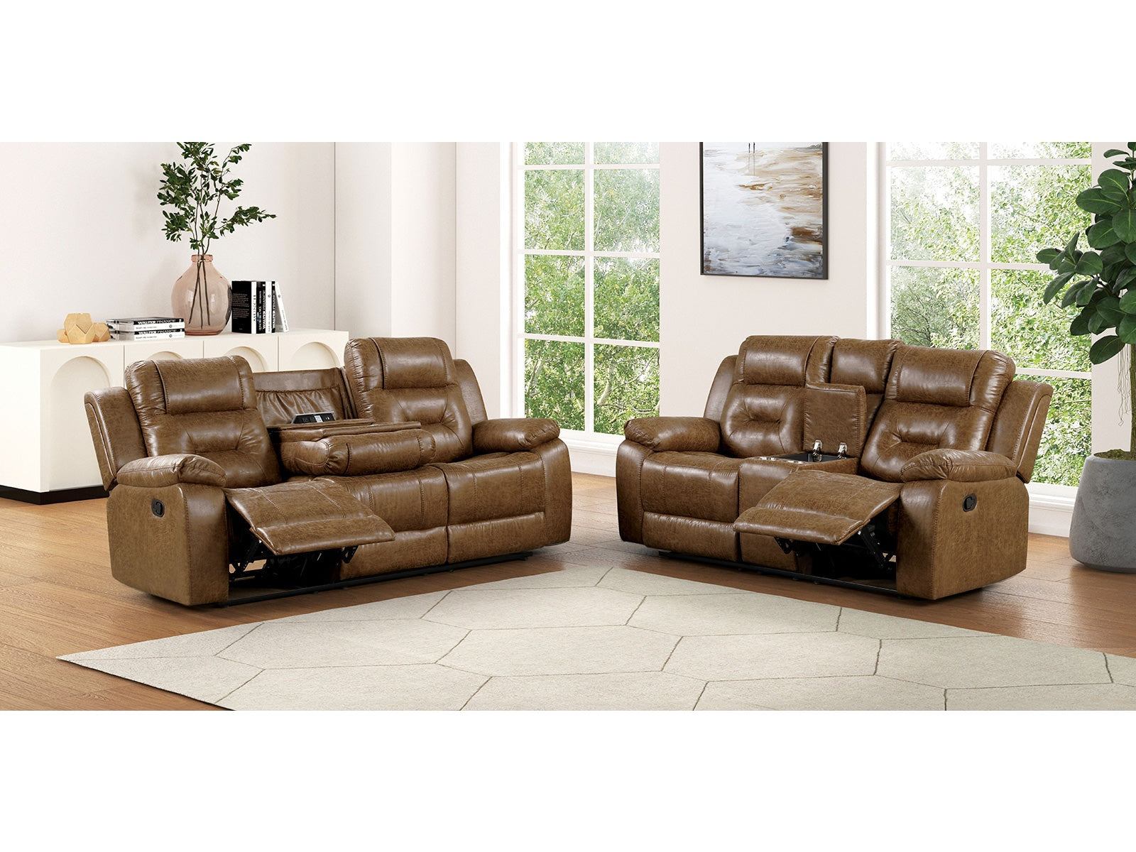 Ezekius Brown Leatherette Reclining Living Room Set - Ornate Home