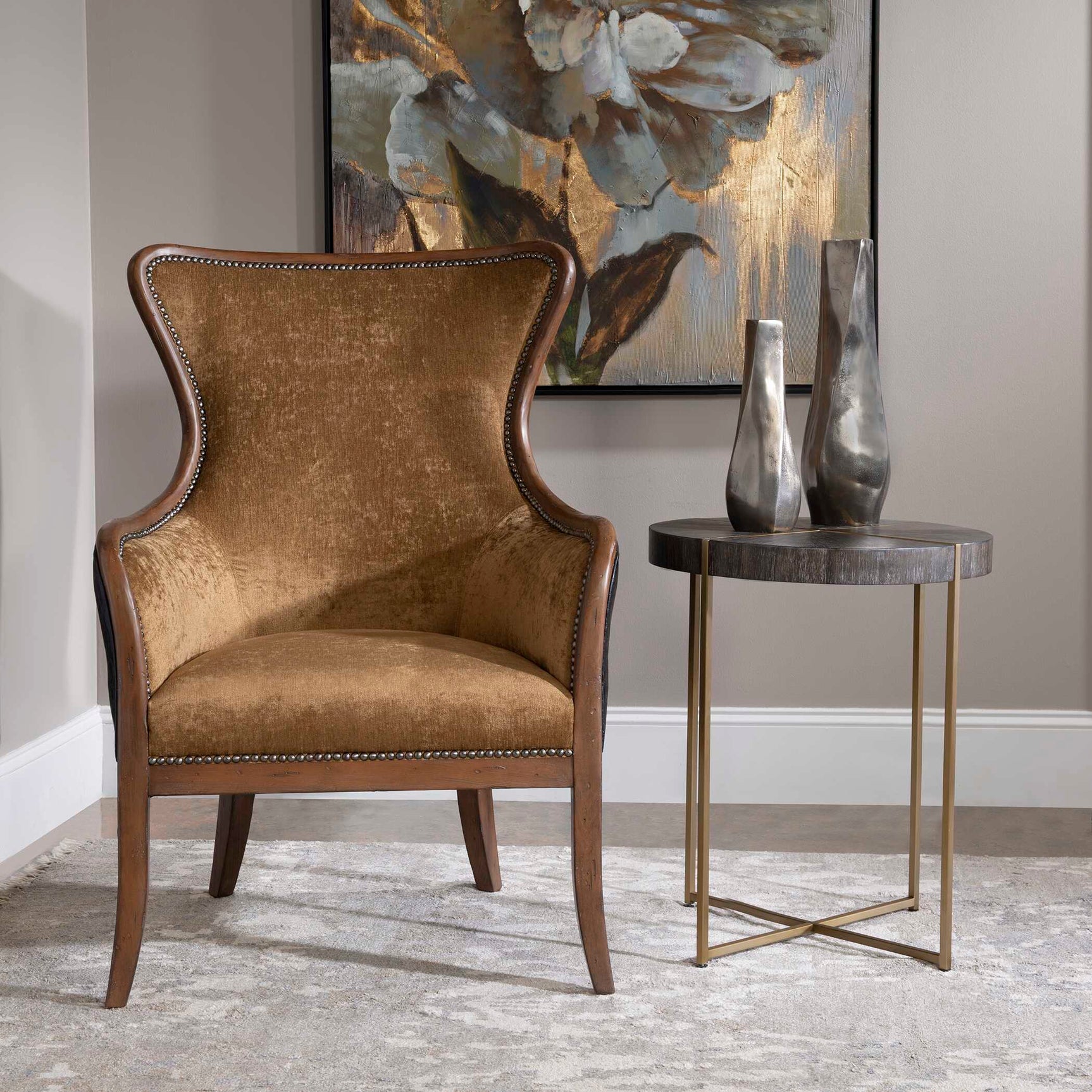 Taja Brass/Brown/Woodtone Round Accent Table