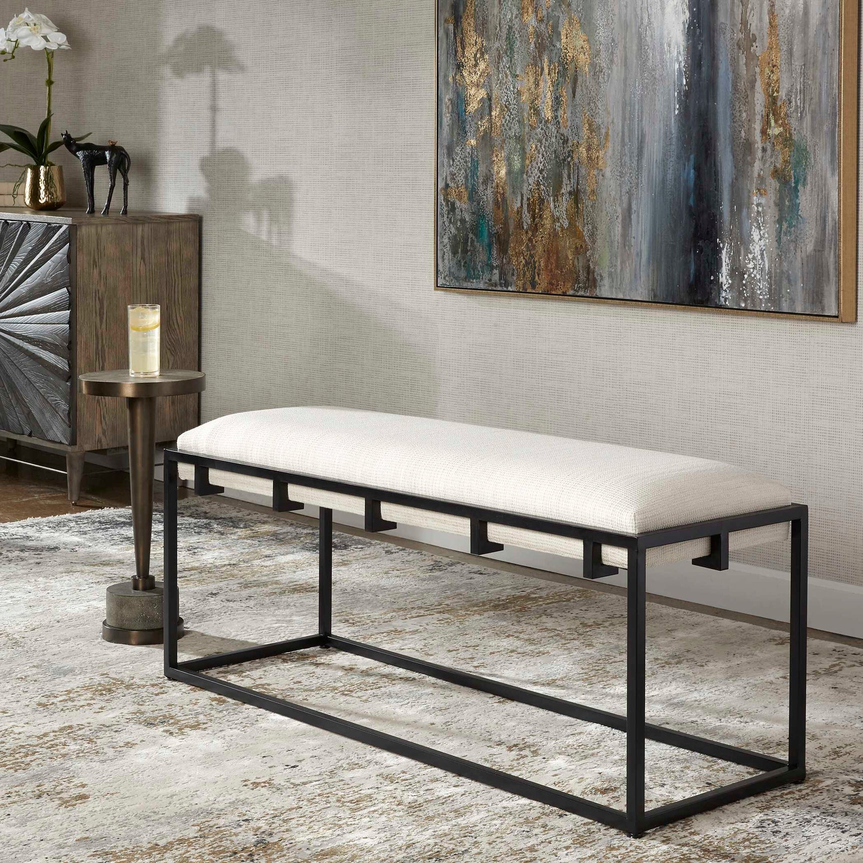 Paradox Black/White Iron & Fabric Bench