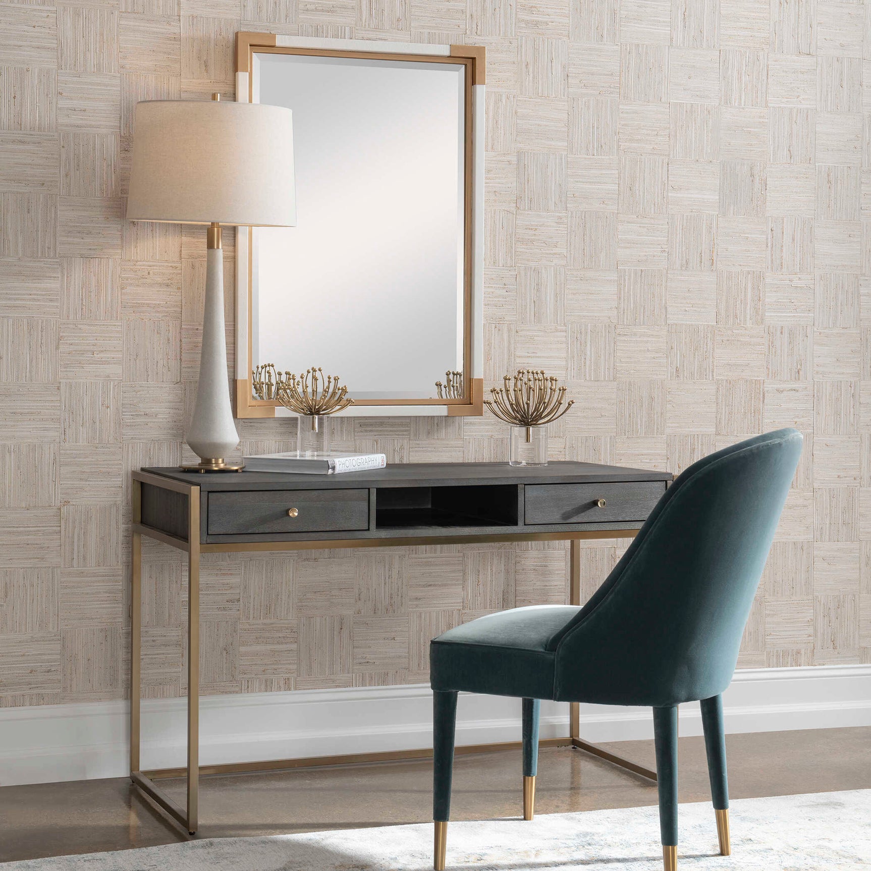 Taja Brass/Woodtone Modern Writing Desk