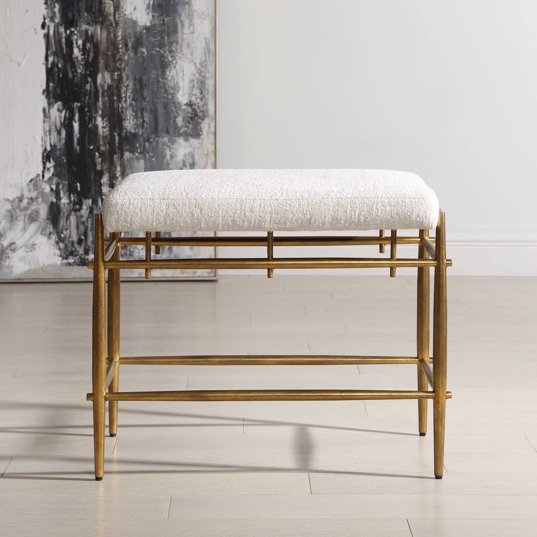 Karleen Gold/White Plush Small Brass Bench