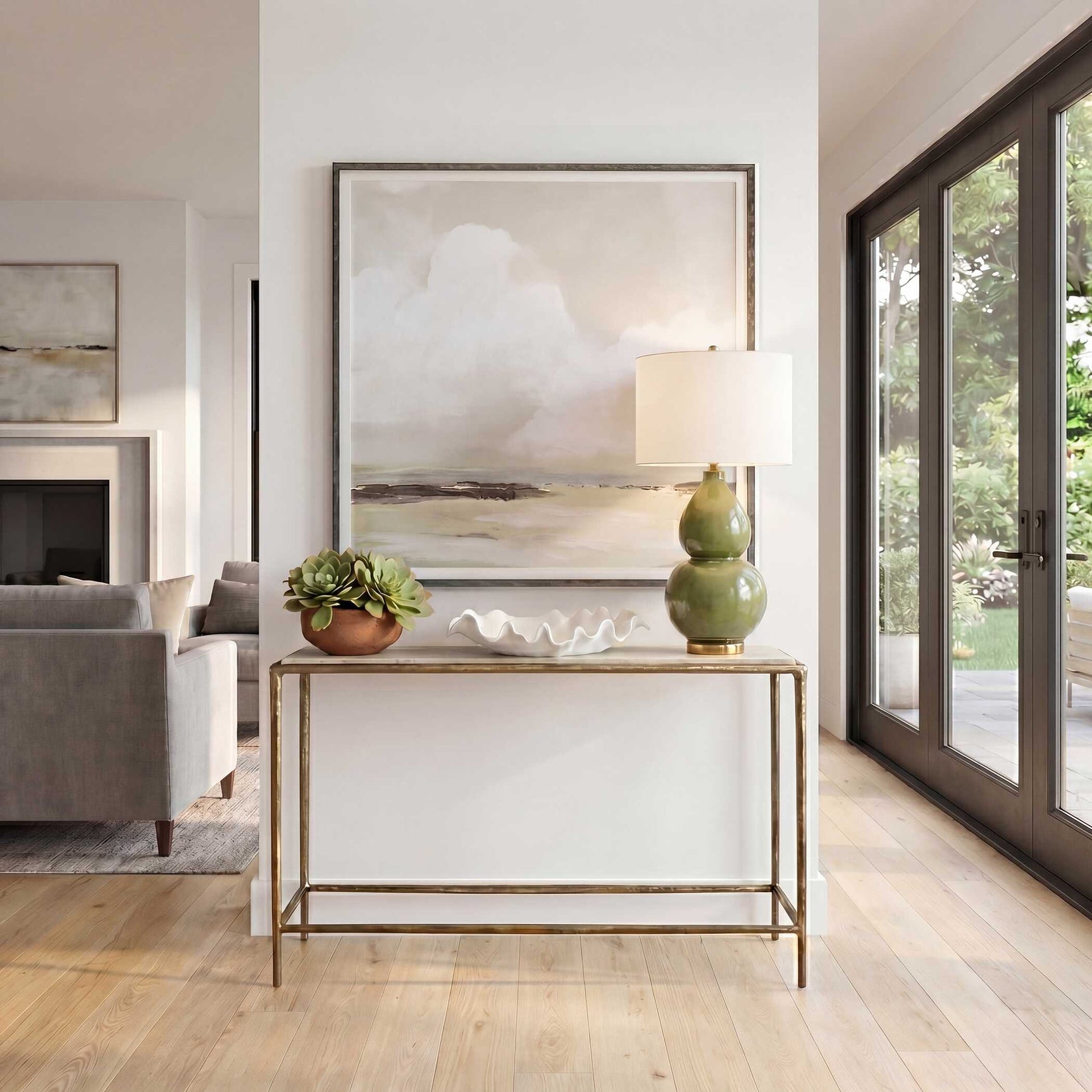 Minerva Brass/Gray/White Marble Top Console Table