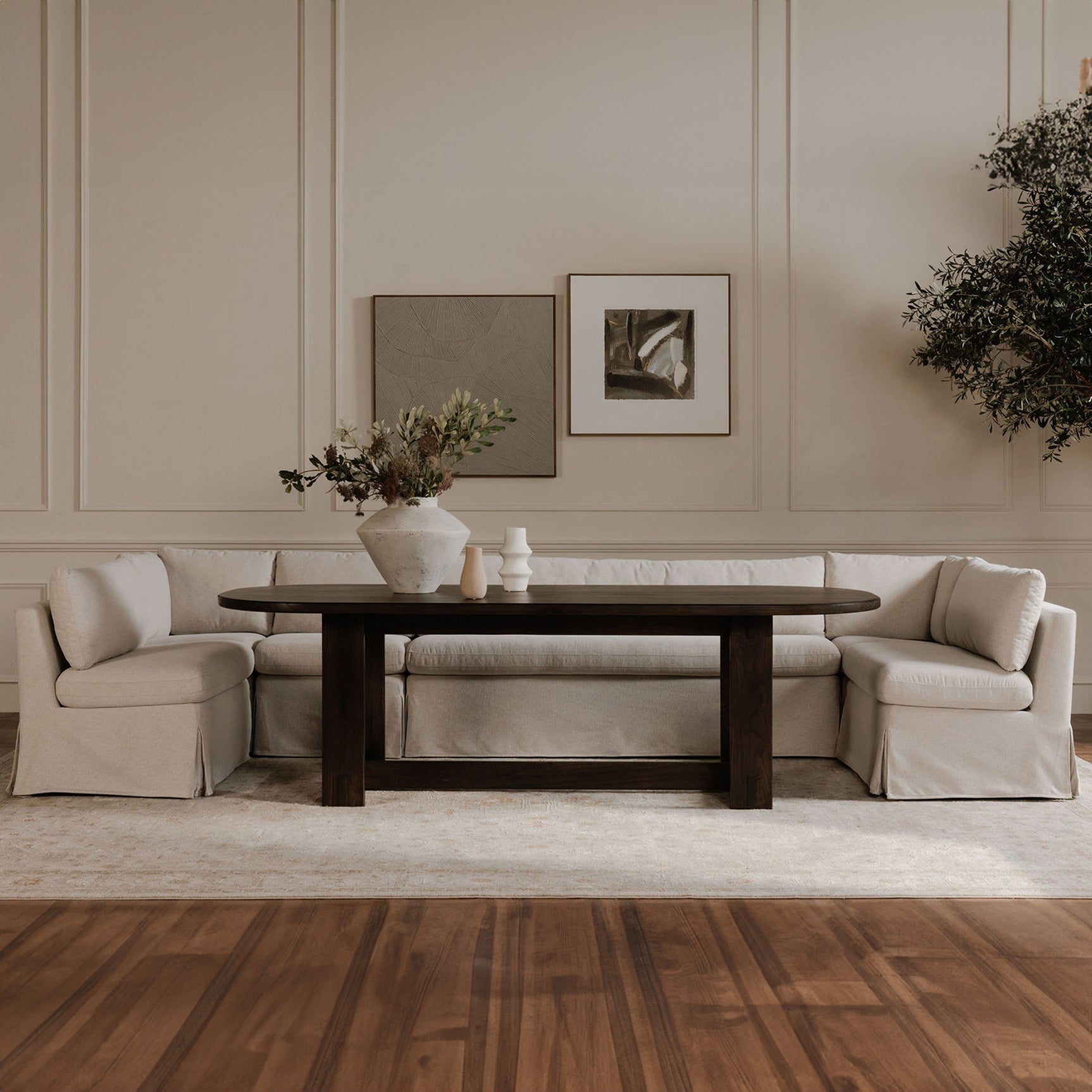 Fable Beige U Shape Slipcover Dining Banquette 129 in - Ornate Home