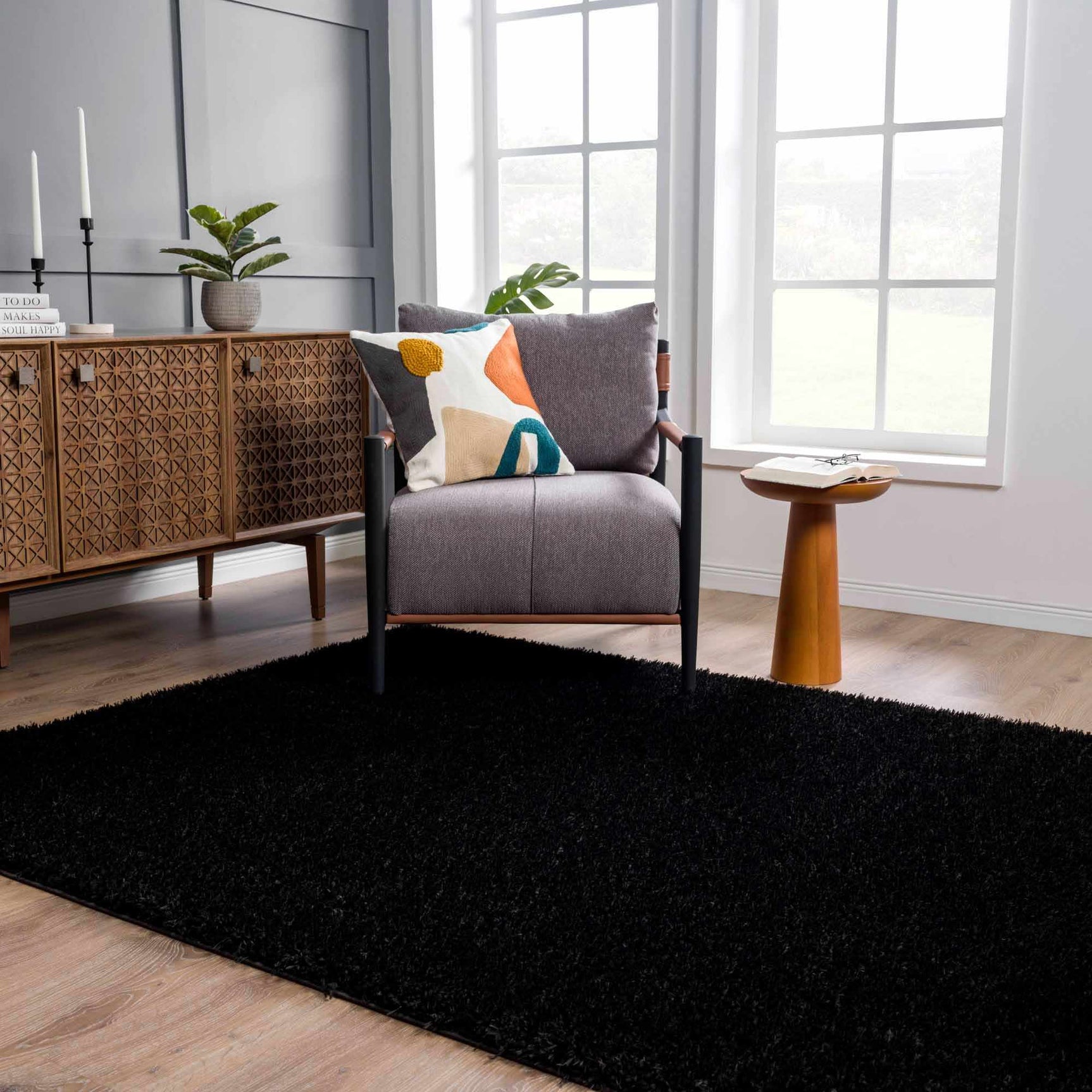 Faina Solid Black Shag Washable Area Rug - Clearance - Ornate Home