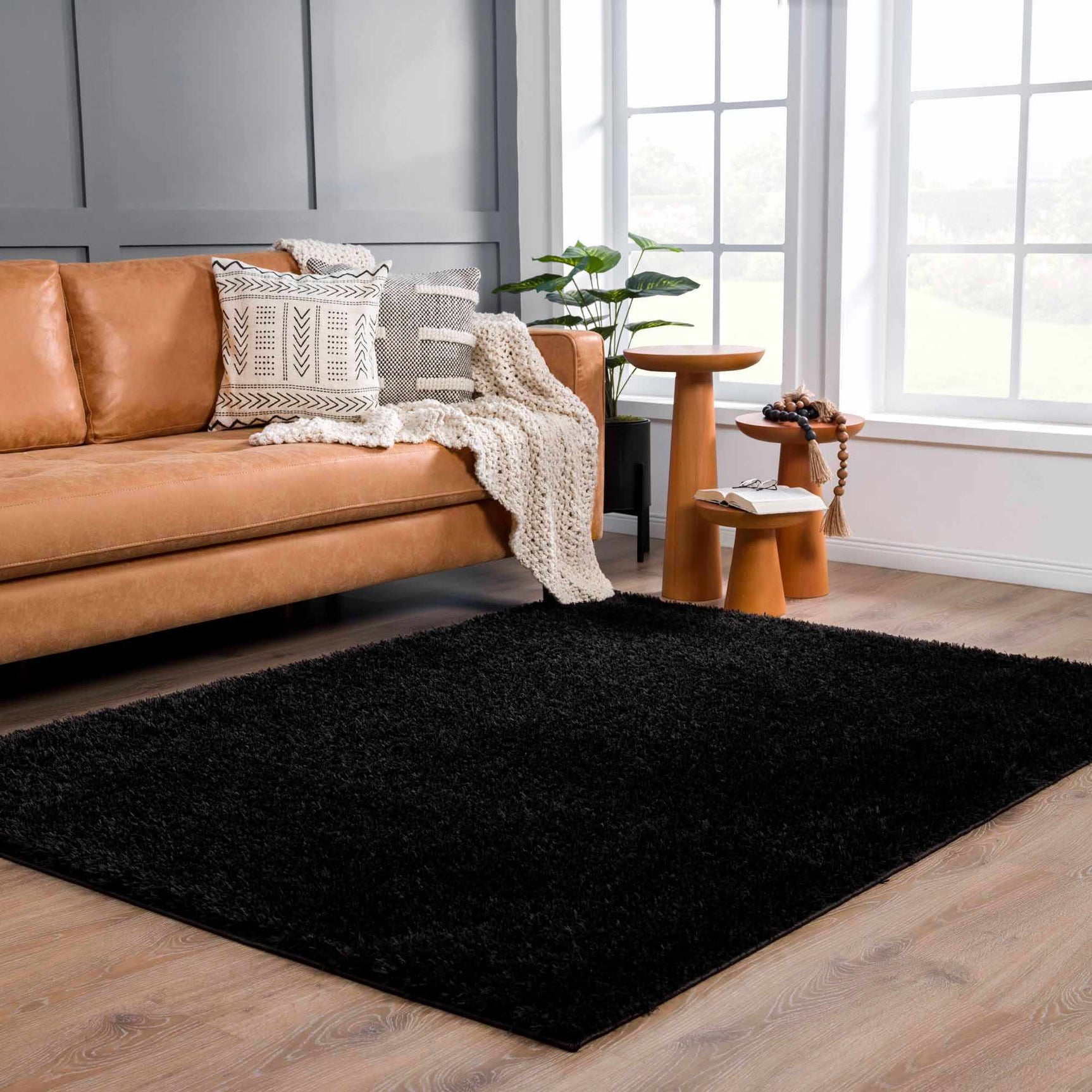 Faina Solid Black Shag Washable Area Rug - Clearance - Ornate Home