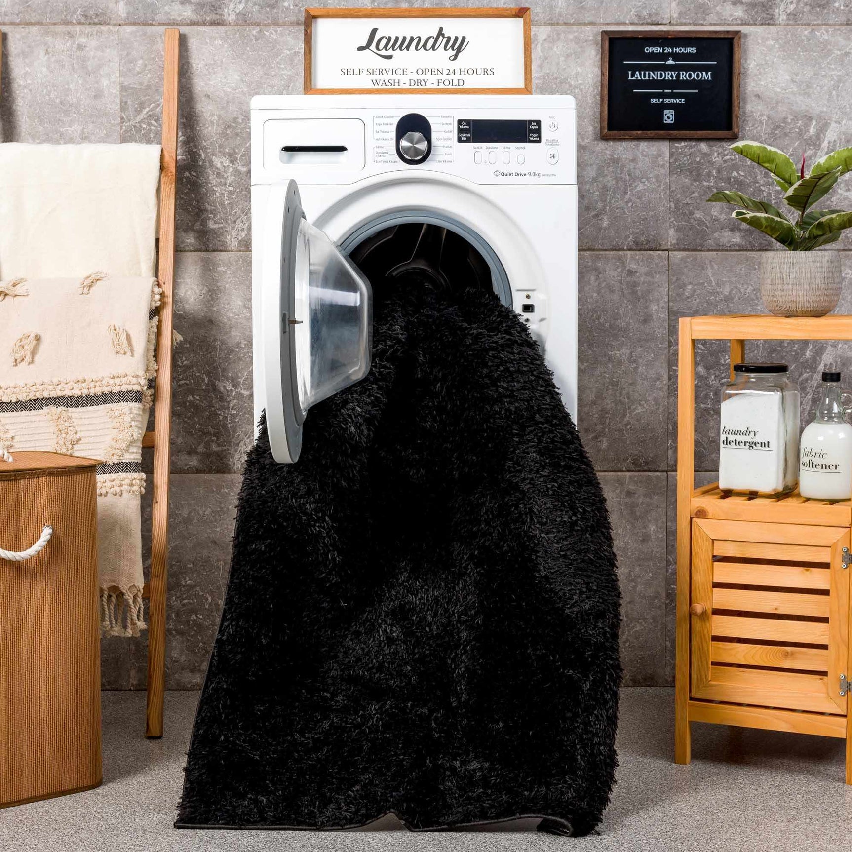 Faina Solid Black Shag Washable Area Rug - Clearance - Ornate Home