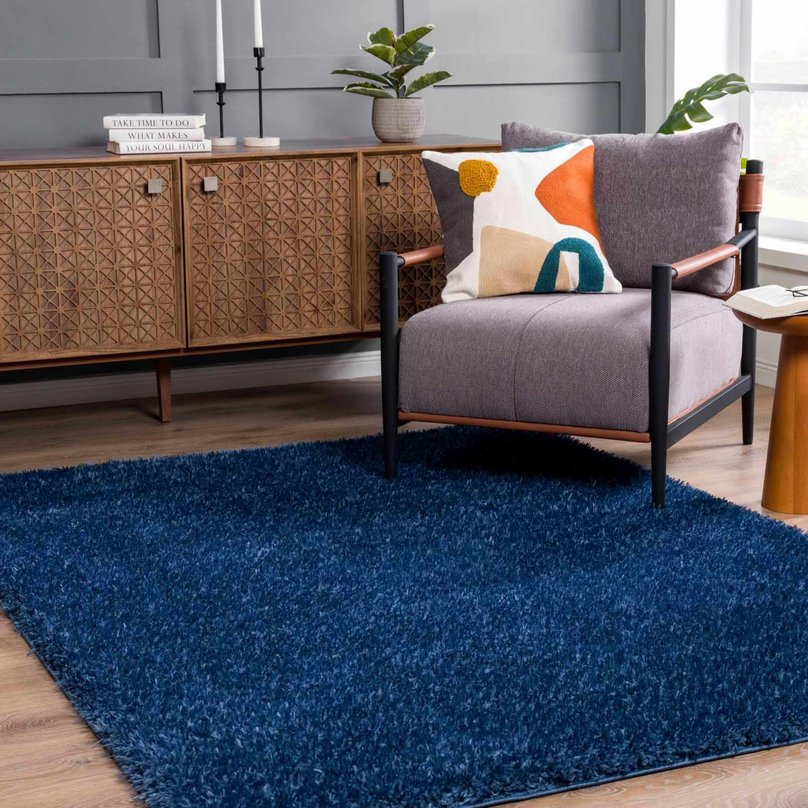 Faina Solid Dark Blue Shag Washable Area Rug - Clearance - Ornate Home