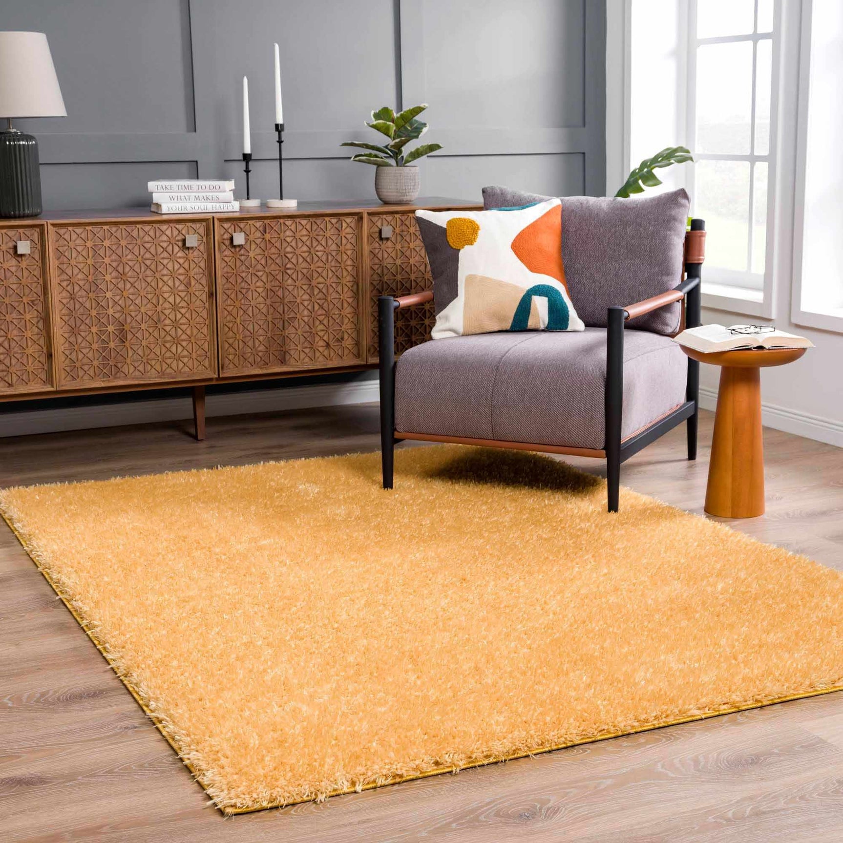 Faina Solid Gold Shag Washable Area Rug - Clearance - Ornate Home