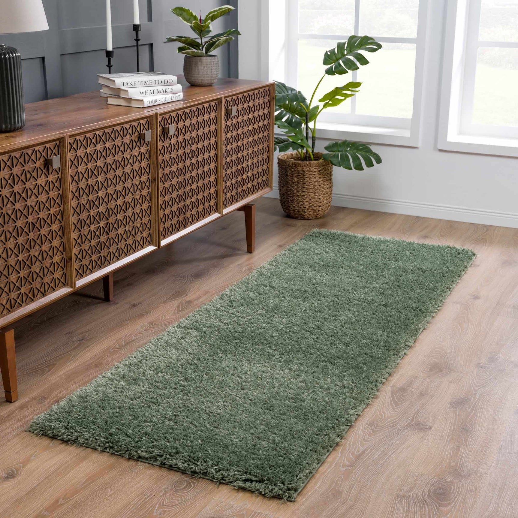 Faina Solid Green Shag Rug Washable - Ornate Home