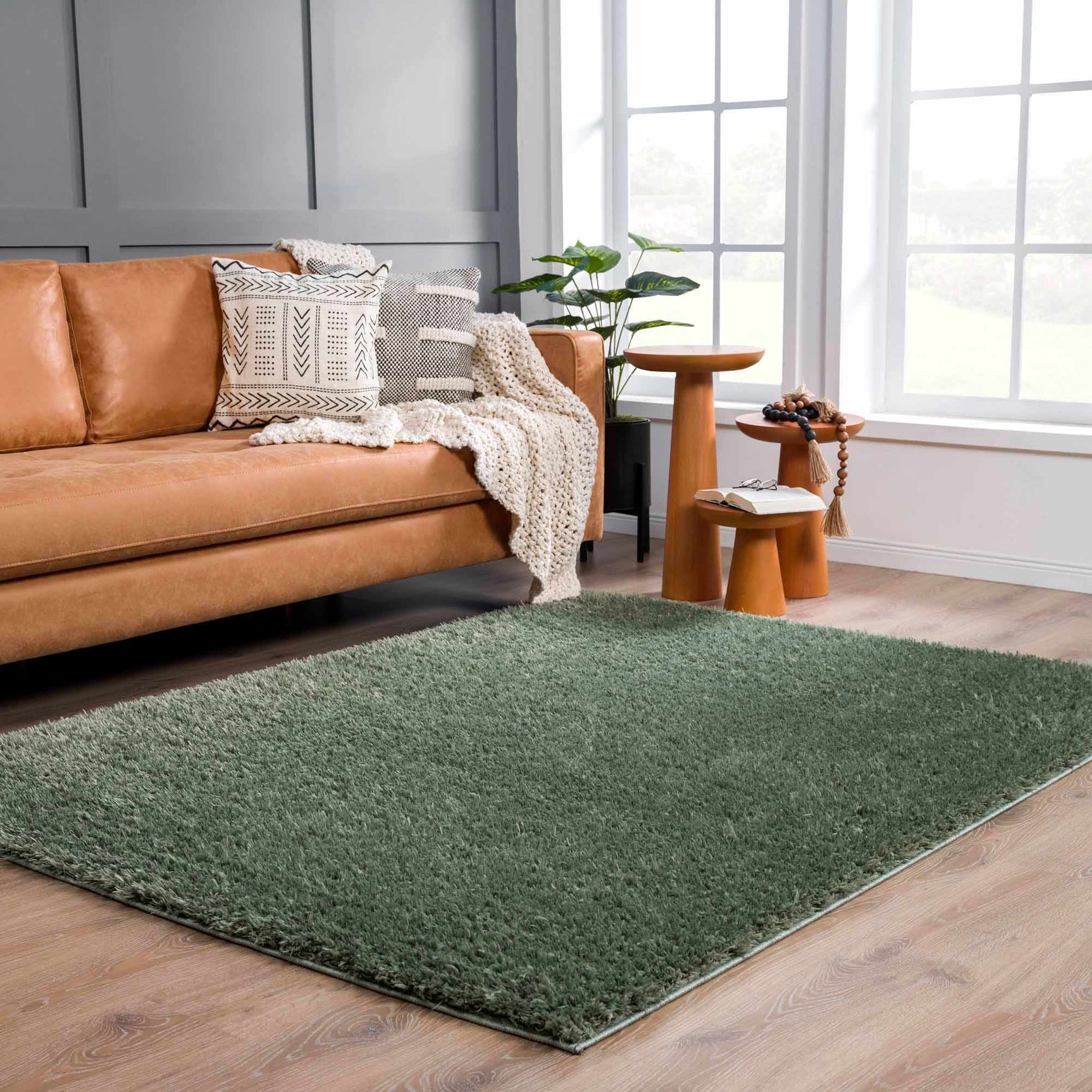 Faina Solid Green Shag Rug Washable - Ornate Home