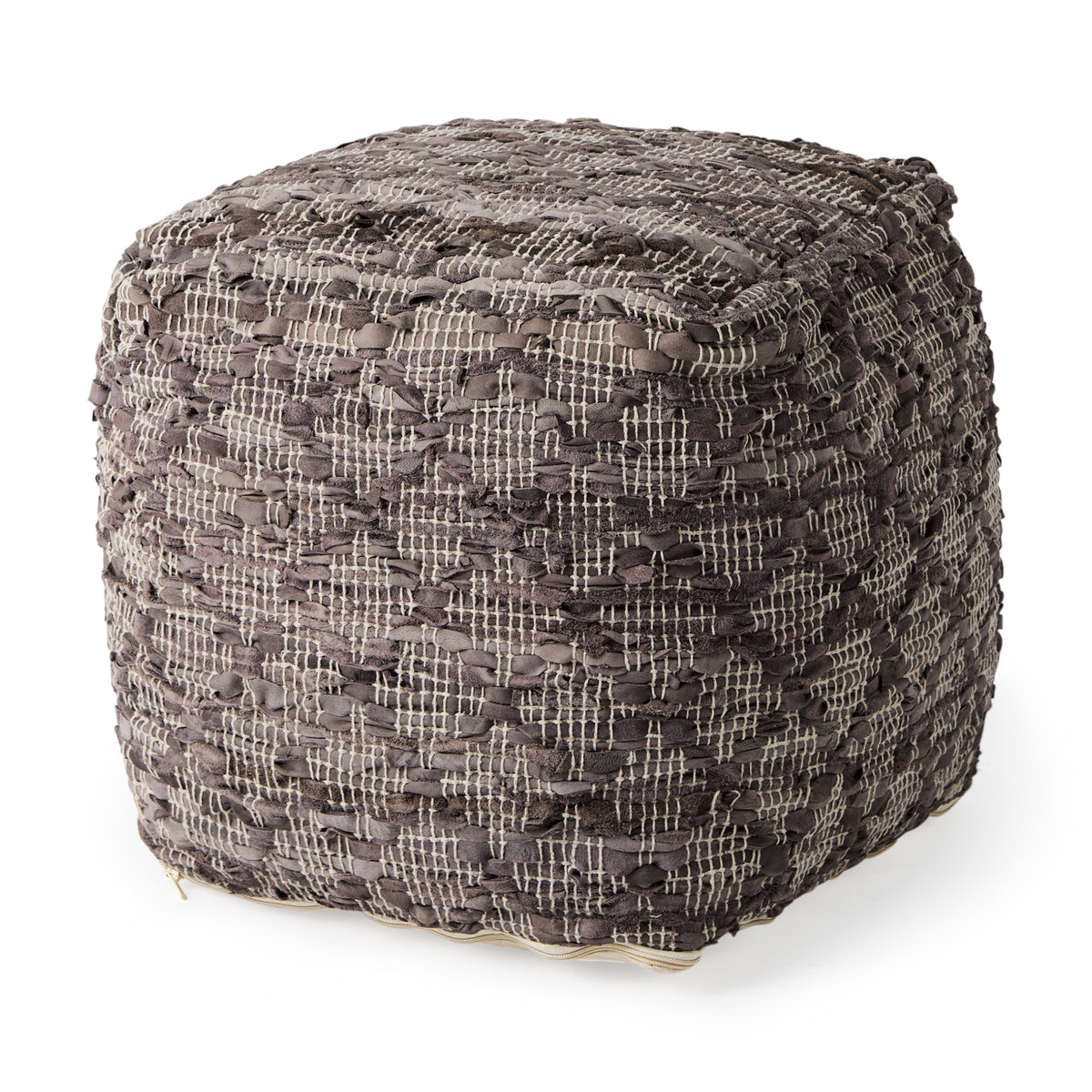 Falguni Gray Leather and Cotton Patterned Pouf - Ornate Home