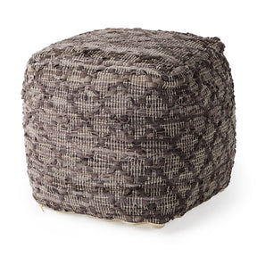 Falguni Gray Leather and Cotton Patterned Pouf - Ornate Home