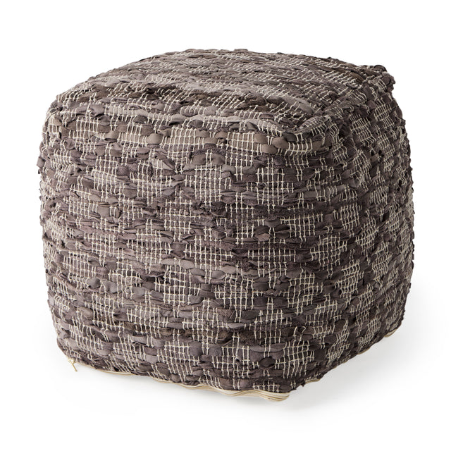 Falguni Gray Leather and Cotton Patterned Pouf - Ornate Home