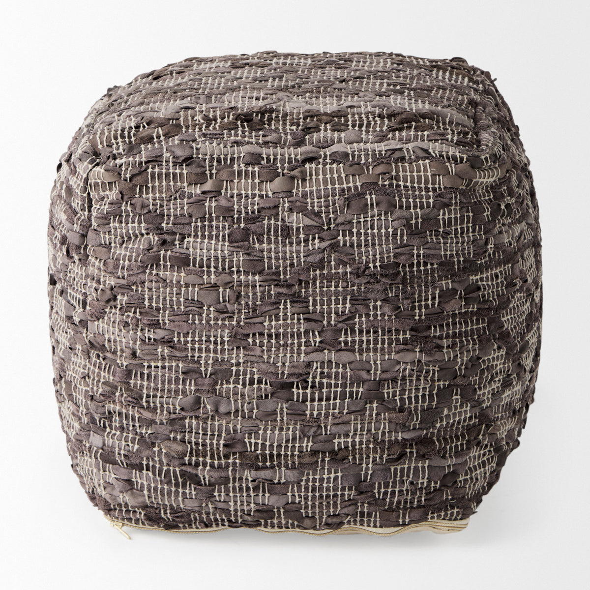 Falguni Gray Leather and Cotton Patterned Pouf - Ornate Home