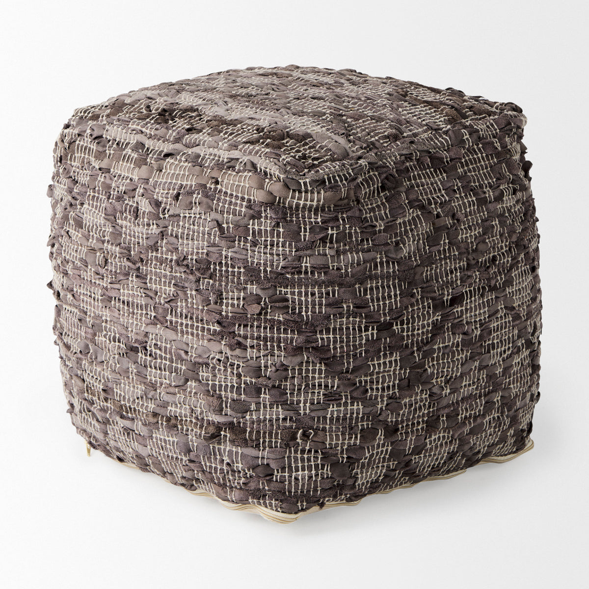 Falguni Gray Leather and Cotton Patterned Pouf - Ornate Home