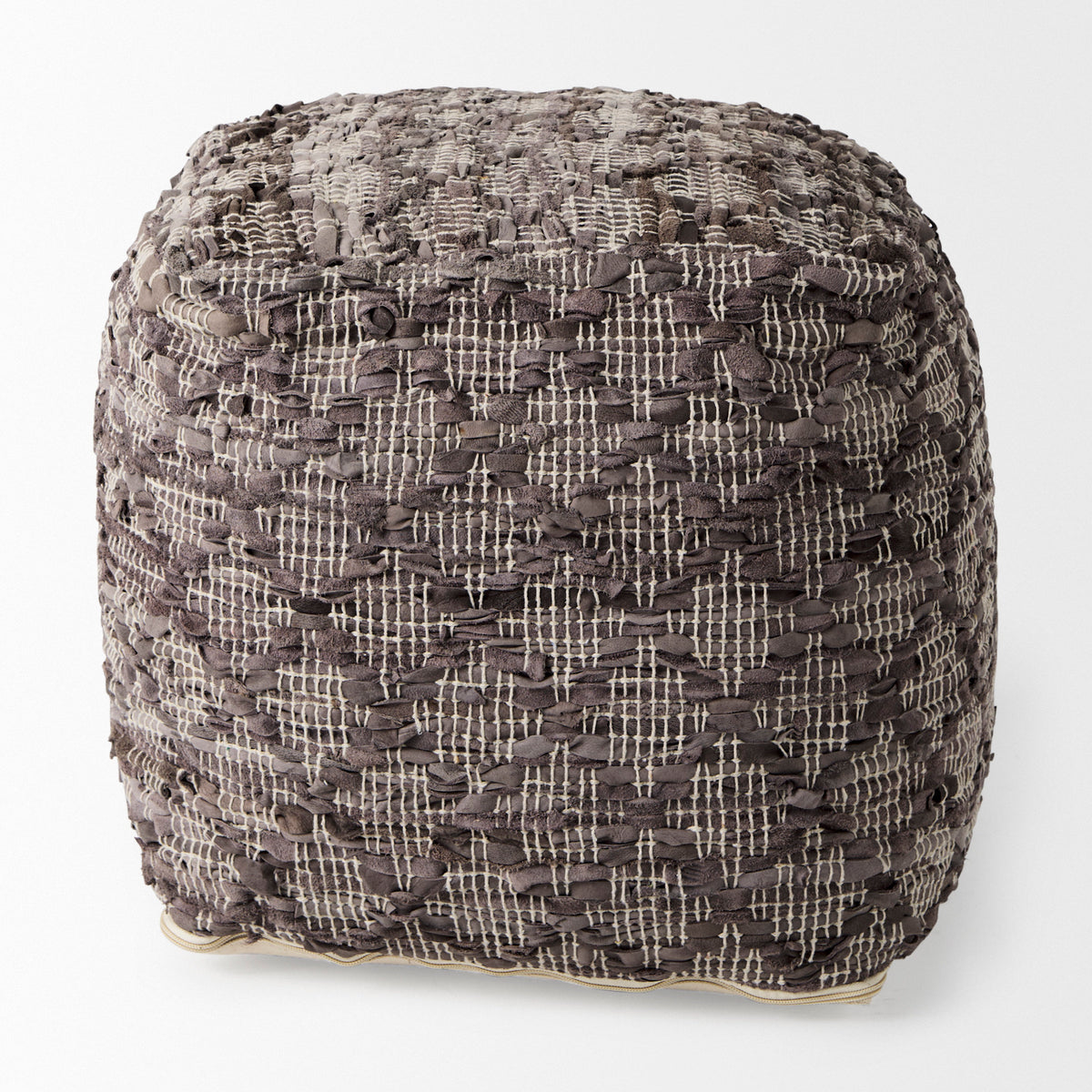 Falguni Gray Leather and Cotton Patterned Pouf - Ornate Home