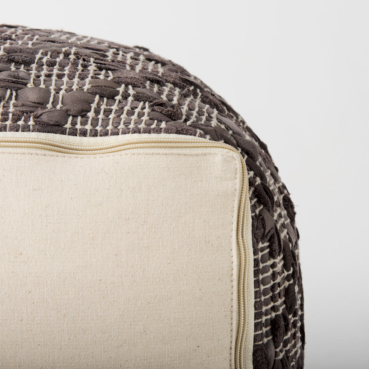 Falguni Gray Leather and Cotton Patterned Pouf - Ornate Home