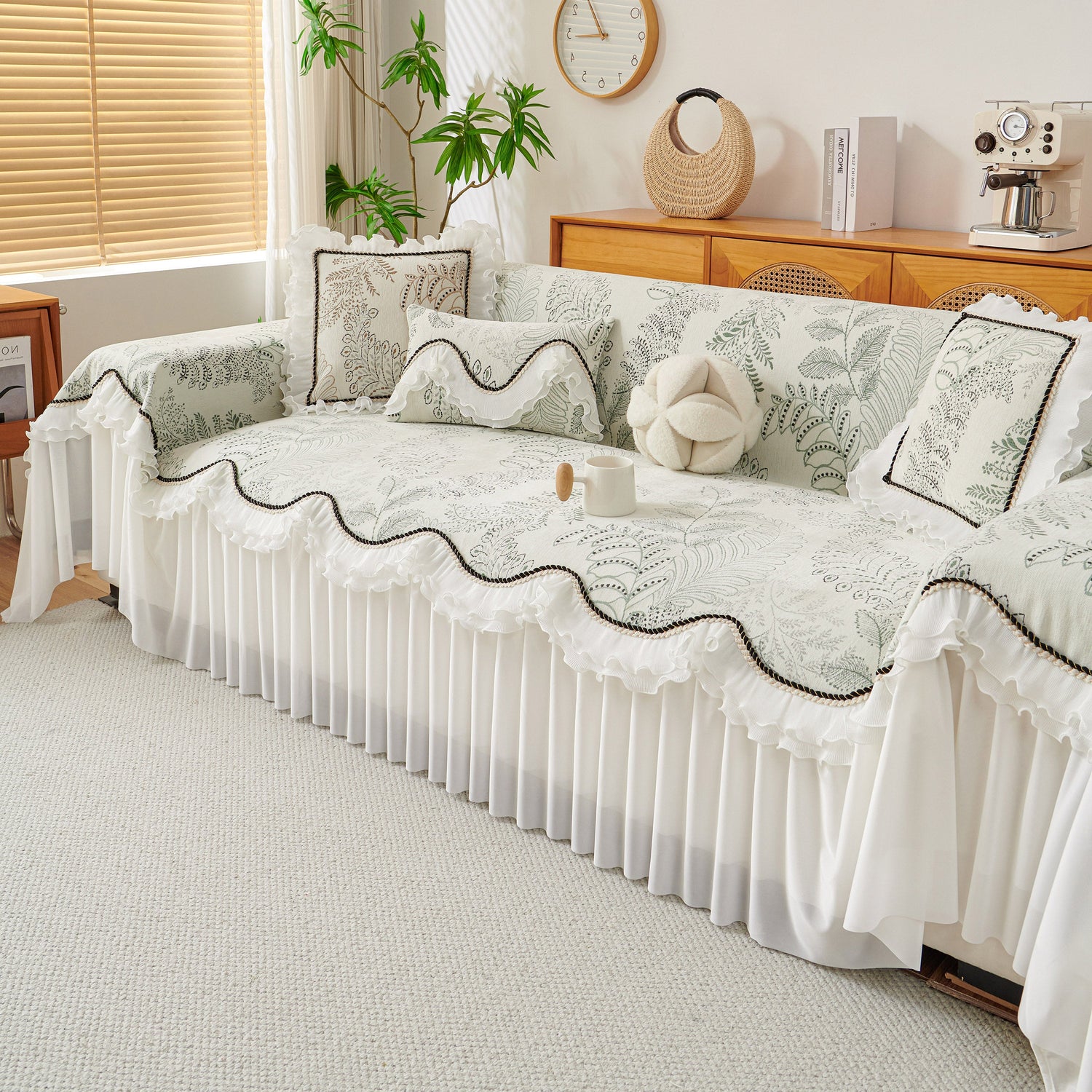 Farmhouse Ruffled Lace Sofa Slipcover Vintage Furniture Protector with Botanical Print - Ornate Home