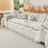 Farmhouse Ruffled Lace Sofa Slipcover Vintage Furniture Protector with Botanical Print - Ornate Home