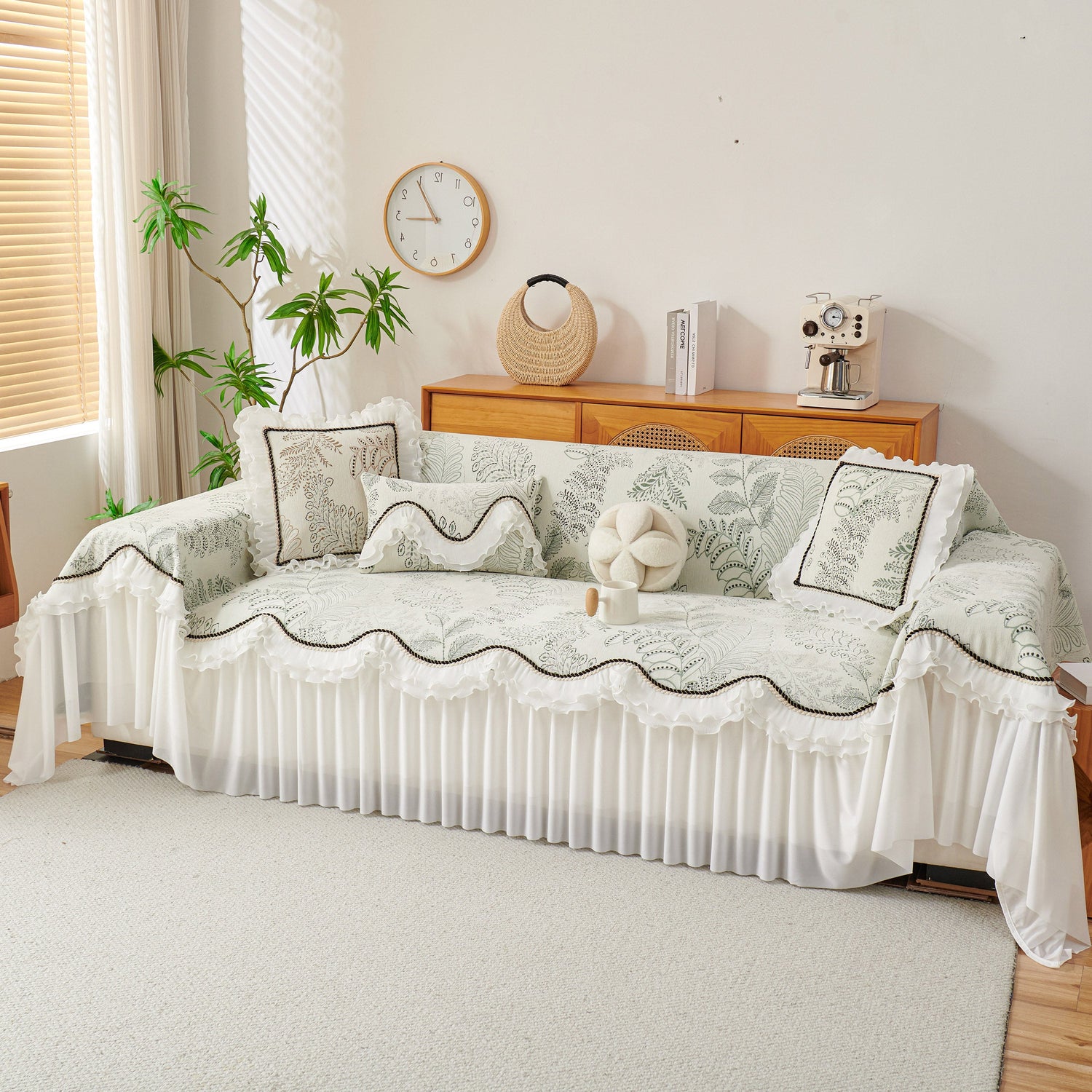Farmhouse Ruffled Lace Sofa Slipcover Vintage Furniture Protector with Botanical Print - Ornate Home