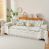 Farmhouse Ruffled Lace Sofa Slipcover Vintage Furniture Protector with Botanical Print - Ornate Home