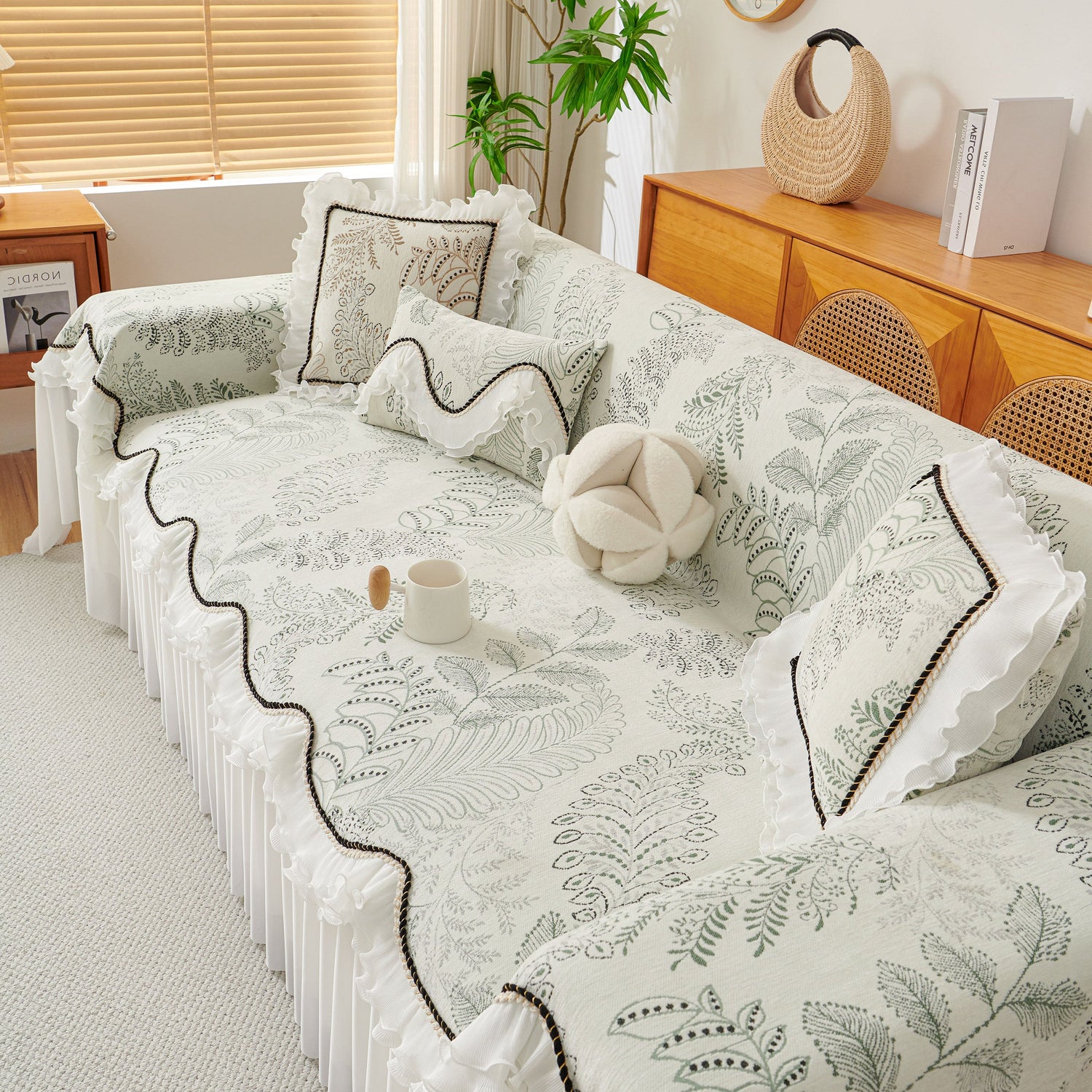 Farmhouse Ruffled Lace Sofa Slipcover Vintage Furniture Protector with Botanical Print - Ornate Home