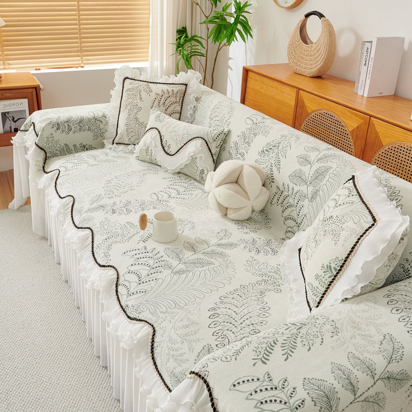 Farmhouse Ruffled Lace Sofa Slipcover Vintage Furniture Protector with Botanical Print - Ornate Home