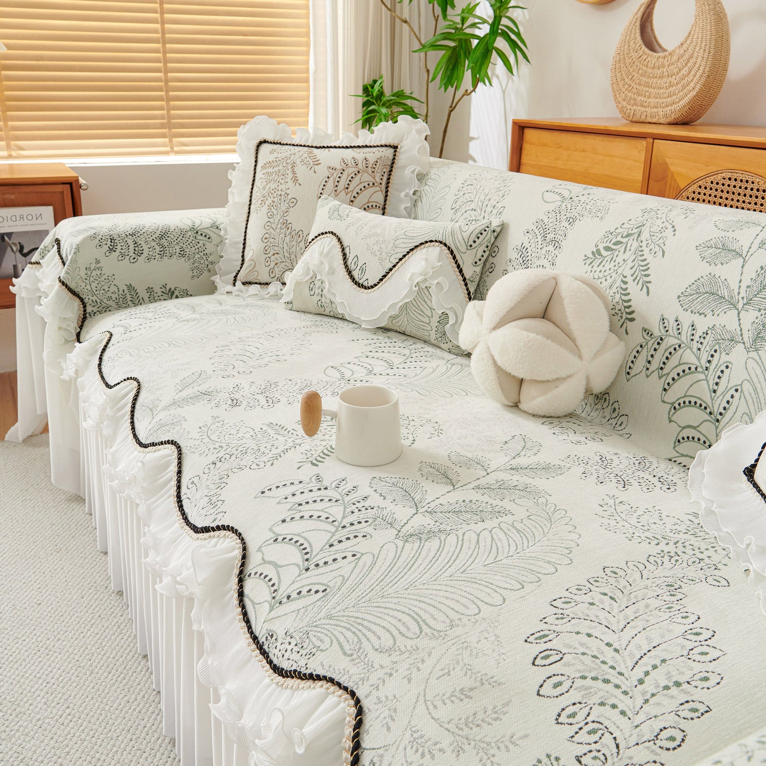 Farmhouse Ruffled Lace Sofa Slipcover Vintage Furniture Protector with Botanical Print - Ornate Home