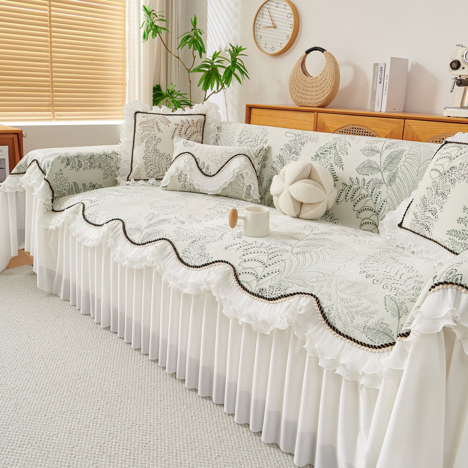 Farmhouse Ruffled Lace Sofa Slipcover Vintage Furniture Protector with Botanical Print - Ornate Home