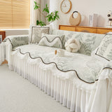Farmhouse Ruffled Lace Sofa Slipcover Vintage Furniture Protector with Botanical Print - Ornate Home