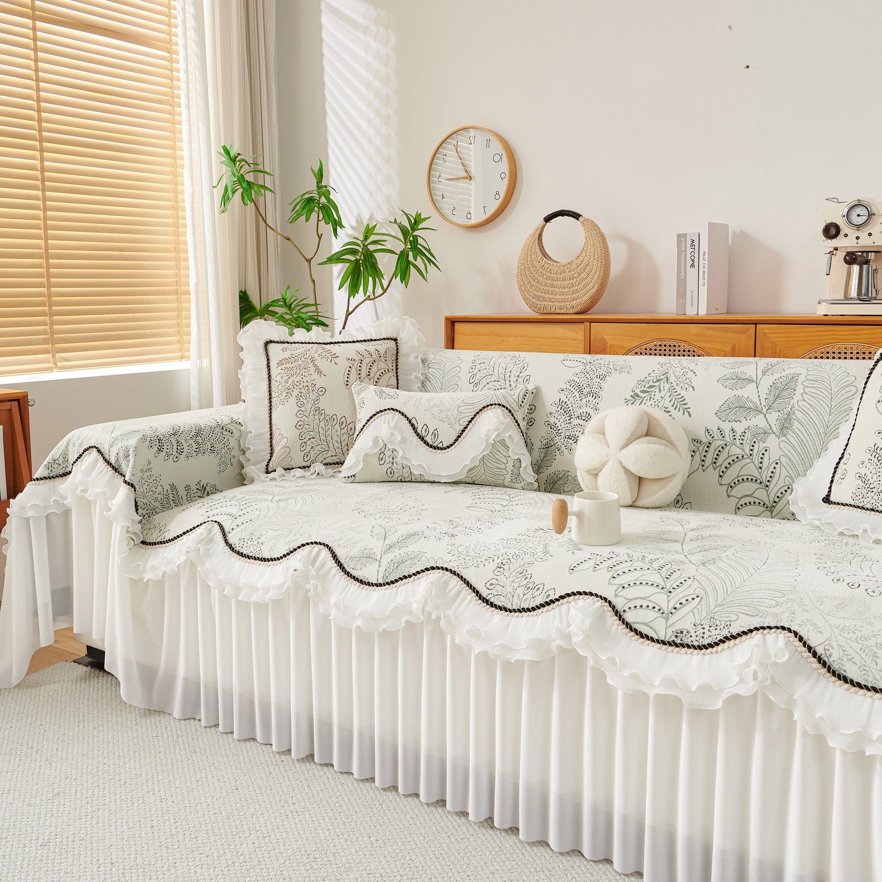 Farmhouse Ruffled Lace Sofa Slipcover Vintage Furniture Protector with Botanical Print - Ornate Home