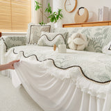 Farmhouse Ruffled Lace Sofa Slipcover Vintage Furniture Protector with Botanical Print - Ornate Home