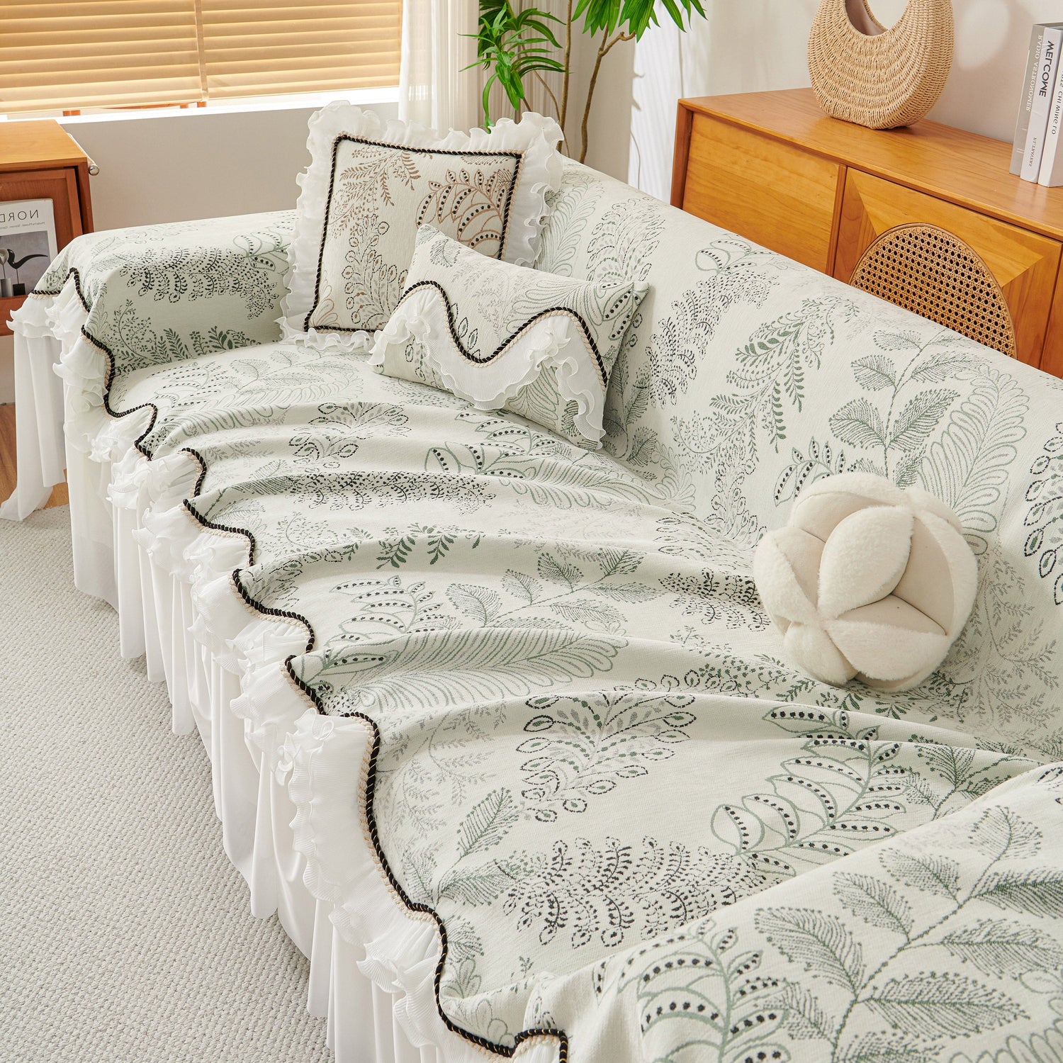 Farmhouse Ruffled Lace Sofa Slipcover Vintage Furniture Protector with Botanical Print - Ornate Home